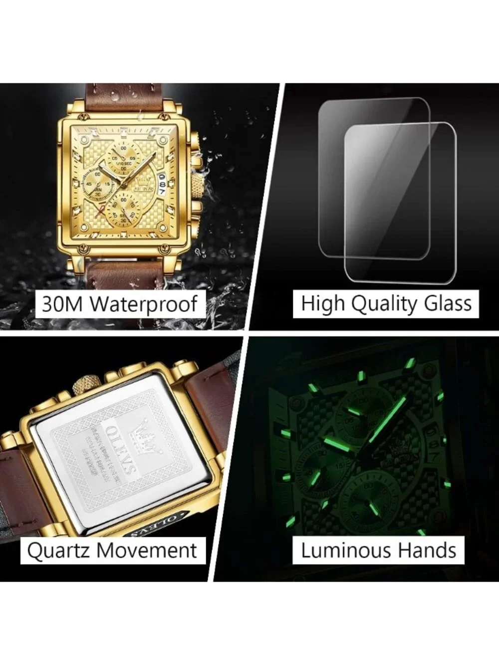 Men's Gold Brown Leather Chronograph Watch Big Face Waterproof Luminous Watch